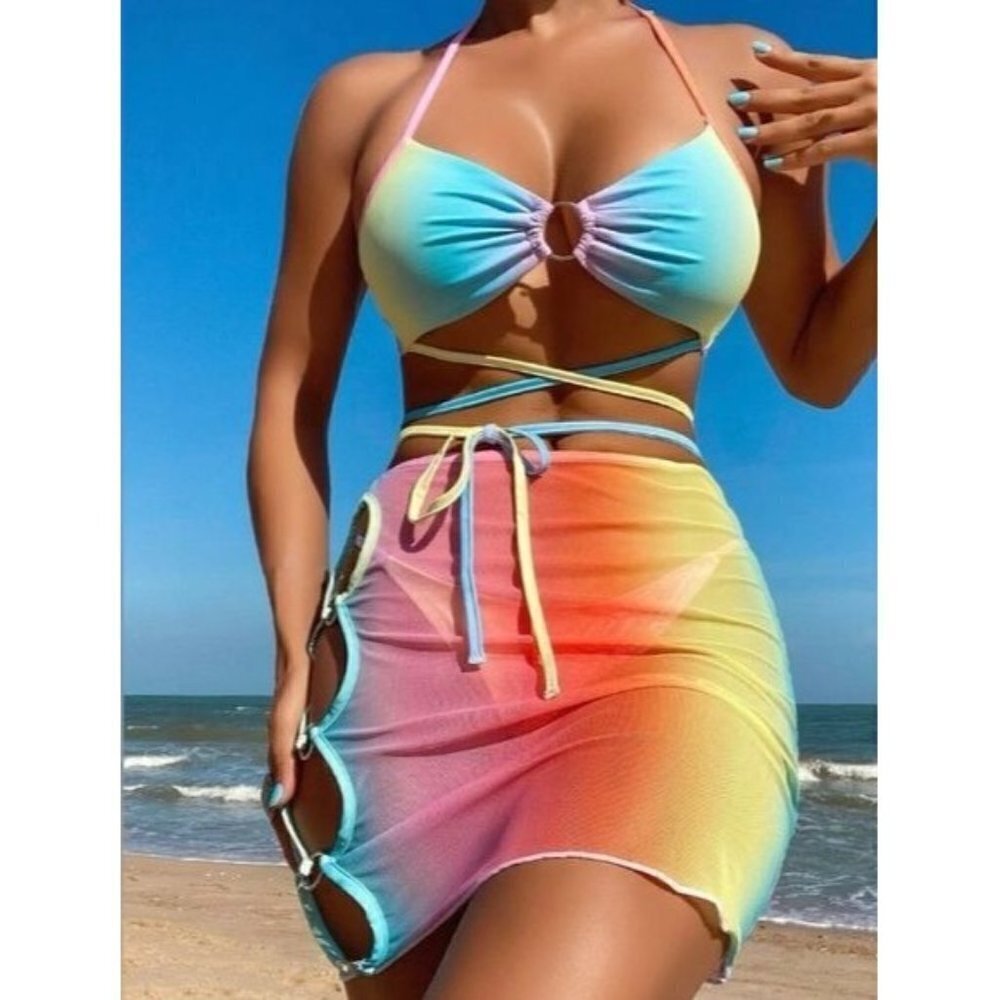 Multicolor Ombre Lace Up Bikini Swimsuit With Beach Skirt
